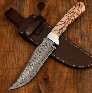 The King Steel Handmade Damascus Steel Knife – Outdoor Fixed Blade with Leather Sheath