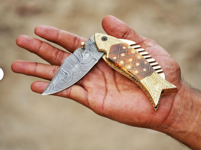 Handmade Damascus Pocket Knife Fish Folding knife Gift for men, Women on Birthday, Wedding Anniversary Gift for Husband - Image 2