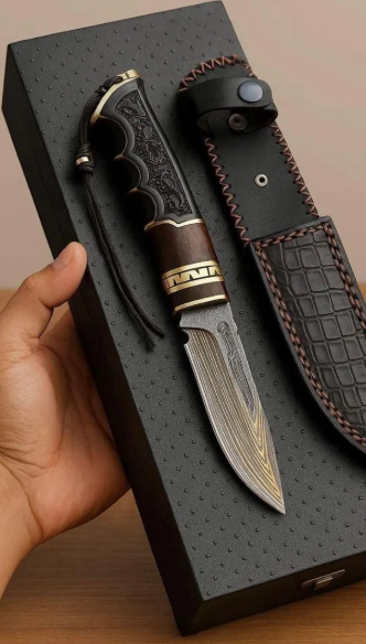 Personalized Damascus Hunting Knife: Engraved Handle, Leather Sheath - Image 3
