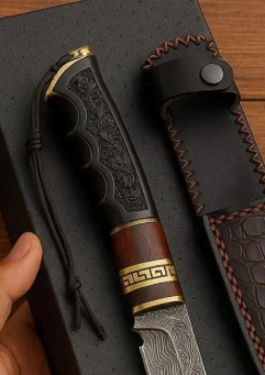 Personalized Damascus Hunting Knife: Engraved Handle, Leather Sheath - Image 2