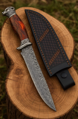 Handmade Damascus Steel Knife with Wolf Head Handle and Leather Sheath by The King Steel