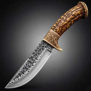 Hand Forged Damascus Hunting Knife Deer Antler Handle, Leather Sheath