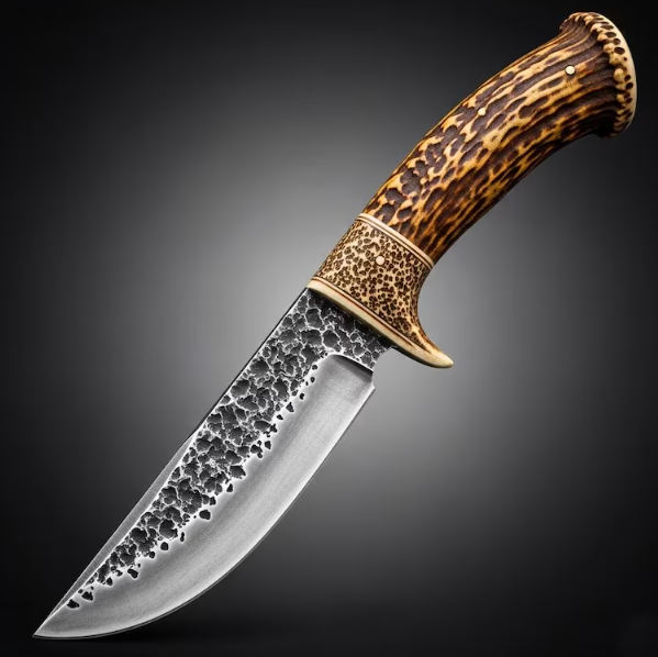 Hand Forged Damascus Hunting Knife Deer Antler Handle, Leather Sheath