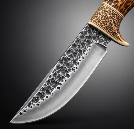 Hand Forged Damascus Hunting Knife Deer Antler Handle, Leather Sheath - Image 3