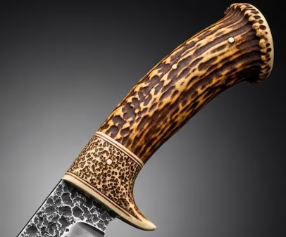 Hand Forged Damascus Hunting Knife Deer Antler Handle, Leather Sheath - Image 2