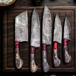 Handmade Damascus Chef set Of 5pcs With Leather,Damascus Knife Set,Damascus Chef Knife,Full Kitchen Knife Set,Damascus Chef Set,Wedding Gift