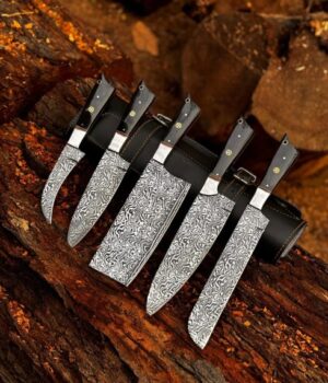 Handmade D2 Steel Chef Knife Set: Black Horn Handle, Leather Case