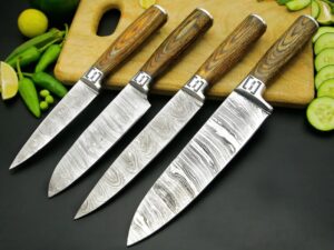 Damascus Chef Knife Set Handmade - 5 Piece Kitchen Japanese Knives, BBQ, Woden Handle, with Roll Bag