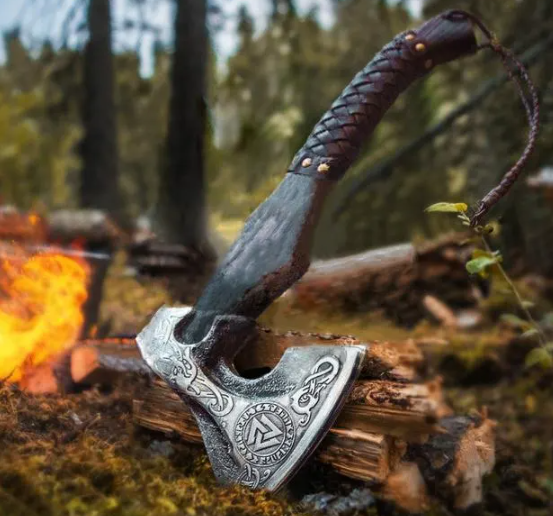 Viking Bearded Camping Axe, Hand Forged Carbon Steel Hatchet with Ash Wood Handle, Ideal Camping Gift for Him or Best man Ideal Gift for Him