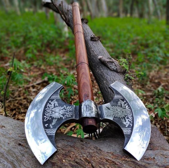 Hand-Forged Carbon Steel Double Headed Berserker Axe with Leather Sheath - Image 4