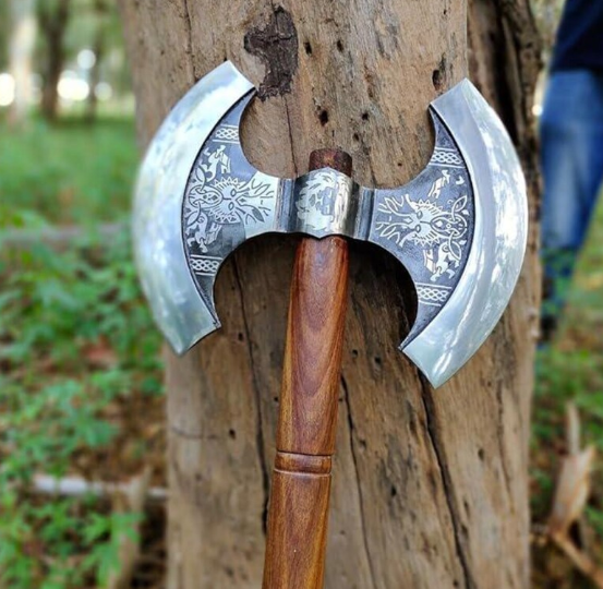 Hand-Forged Carbon Steel Double Headed Berserker Axe with Leather Sheath