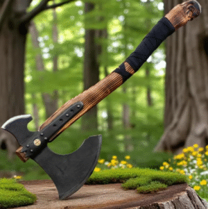 Hand Forged Viking Axe | Double Blade Battle Axe with Carved Wooden Handle | Collectible Medieval Axe Gift for Him