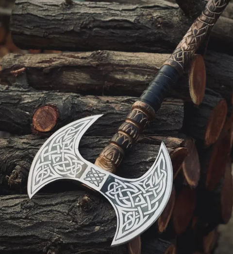 Hand Forged Double Headed Viking Axe: High Carbon Steel, Ash Wood Handle - Image 3