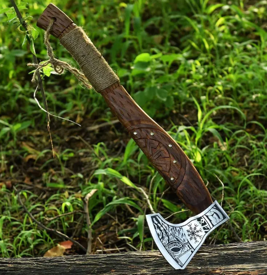 Hand-Forged Carbon Steel Viking Axe: Rosewood Handle, Norse Engravings Gift For Him Husband Gift