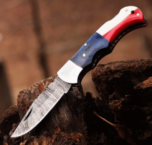 Handmade Damascus Pocket Knife: Texas Flag Folding Knife with Leather Sheath