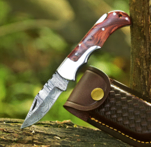 Hand Forged Damascus Steel Folding Knife: Resin Handle, Leather Sheath