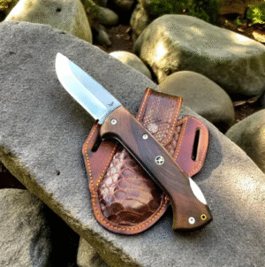 Handmade N690 Steel Folding Knife: Walnut Handle, Leather Sheath