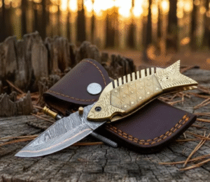 Handmade Copper Damascus Steel Folding Knife: Brass & Bone Handle, Leather Sheath