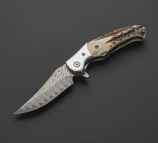 Handmade Damascus Folding Knife: Stag Horn Handle, Leather Sheath
