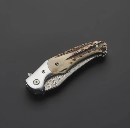 Handmade Damascus Folding Knife: Stag Horn Handle, Leather Sheath - Image 2