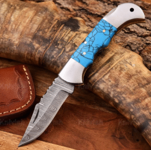 Damascus Folding Knife Pocket Knife Turquoise Handle Knife Birthday Gift Groomsmen Gifts Corporate Gifts Engraved Gifts Christmas Gifts