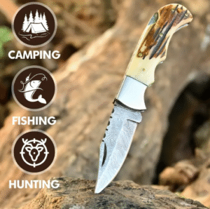 Handmade Damascus Steel Folding Knife: Stag Horn Handle, Leather Sheath