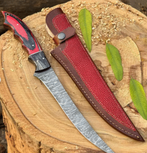 Handmade Damascus Steel Fillet Knife: Pukka Wood Handle, Leather Sheath