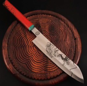 Handmade Carbon Steel Chef Knife: Etched Blade Art, Red Resin Handle