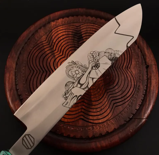 Handmade Carbon Steel Chef Knife: Etched Blade Art, Red Resin Handle - Image 2