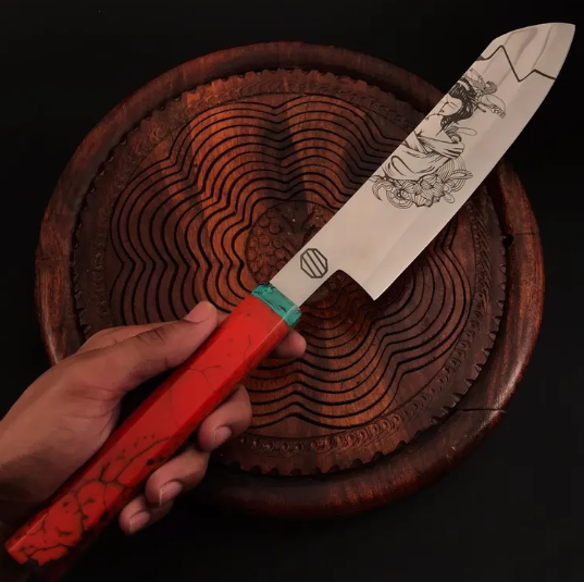 Handmade Carbon Steel Chef Knife: Etched Blade Art, Red Resin Handle - Image 3