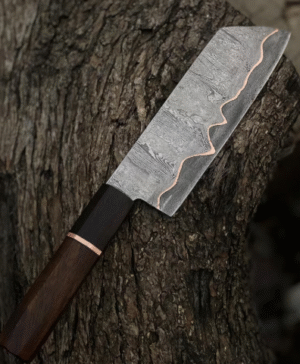 Handmade Copper Damascus Chef Knife: Kitchen Cleaver, Rosewood Handle, Leather Sheath