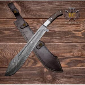 Handcrafted Damascus Steel Machete Knife with Wooden Handle & Leather Sheath