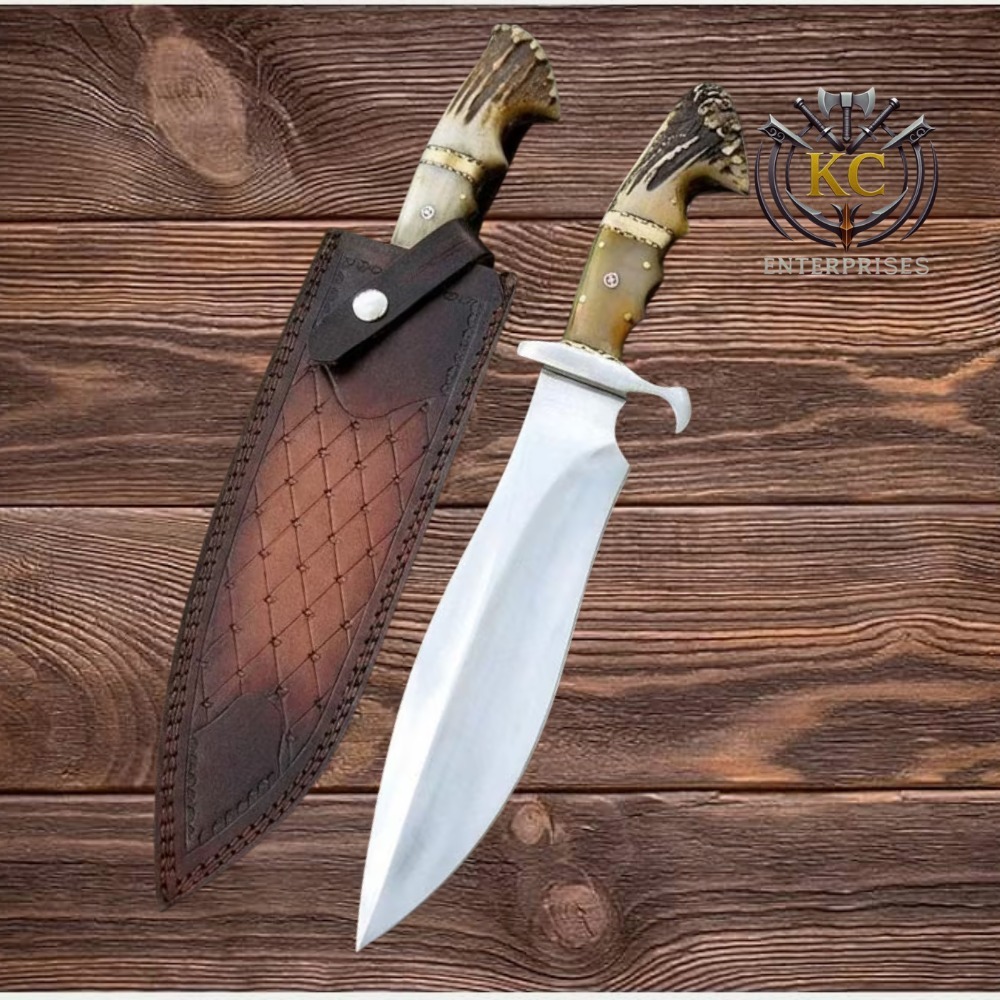 Handcrafted Bowie Knife with Stag Handle & Premium Leather Sheath