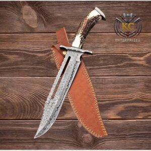 Handcrafted Bowie Hunting Knife with Stag Handle & Leather Sheath