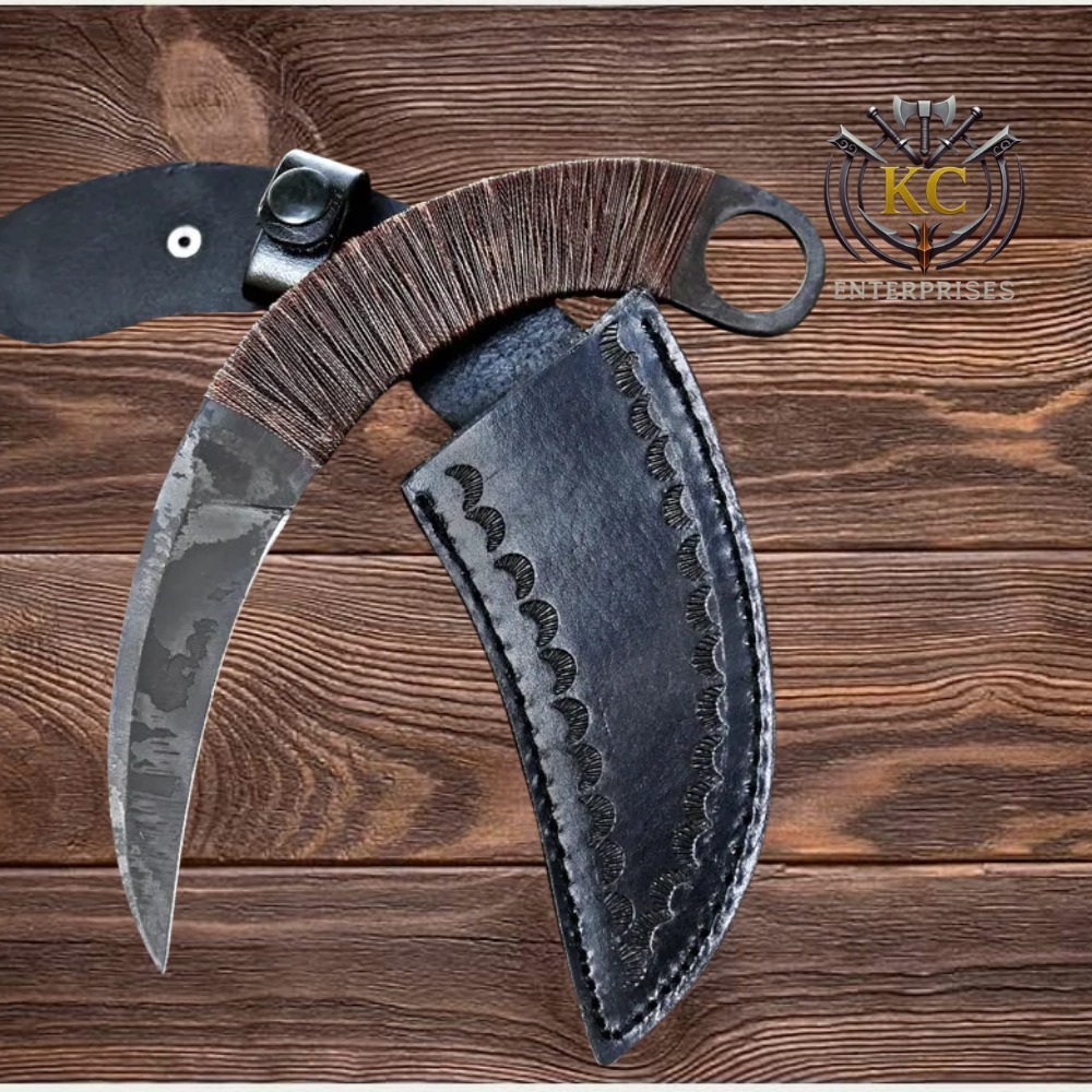 Handmade Karambit : Carbon Steel, Cord Wrap, Leather sheath