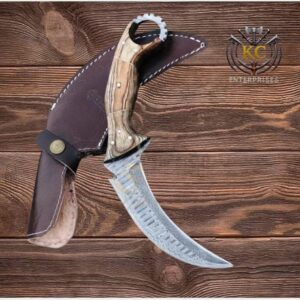 Damascus Steel Karambit Knife with Wooden Handle and Leather Sheath