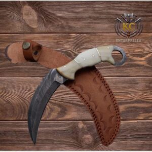 Handcrafted Damascus Karambit Knife with Wooden Handle and Leather Sheath
