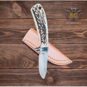 Handmade Carbon Steel Skinner Knife Hunting Knife Stag Antler Handle With leather Sheath Gift