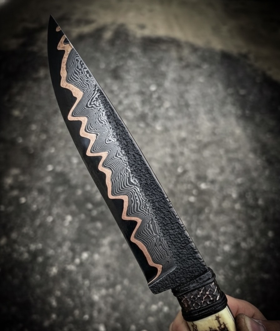 Custom handmade Copper Damascus Bowie - Image 2