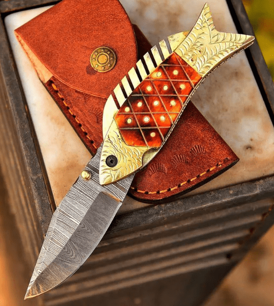 Handmade Damascus Pocket Knife Fish Folding knife Gift for men, Women on Birthday, Wedding Anniversary Gift for Husband