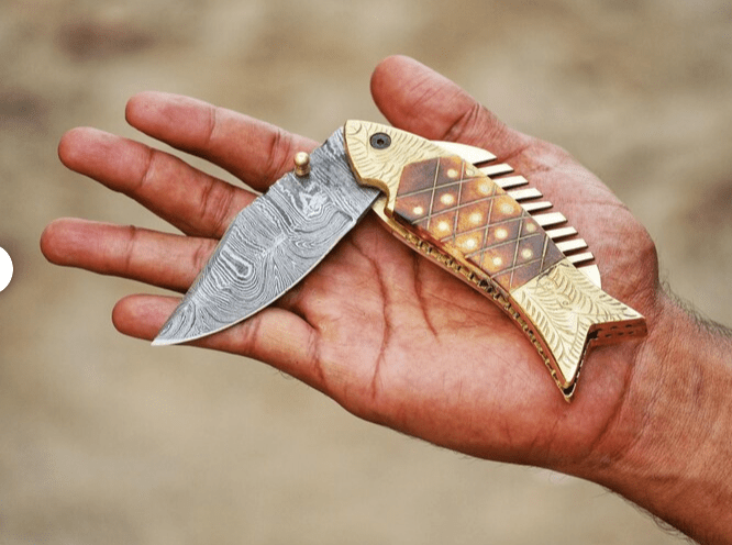 Handmade Damascus Pocket Knife Fish Folding knife Gift for men, Women on Birthday, Wedding Anniversary Gift for Husband - Image 2