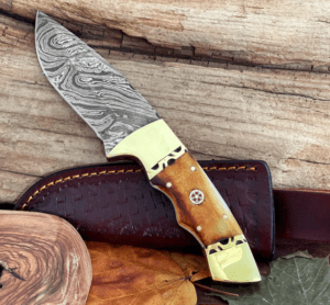 Personalized Damascus Steel Knife , 9" Handmade Fixed Blade Knife With Custom Burnt Camel Bone Handle