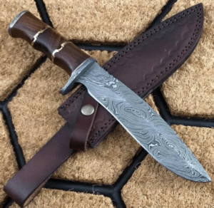 Handmade Damascus Steel Bowie Knife: Walnut Wood Handle, Leather Sheath