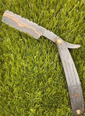 Custom Handmade Copper Damascus Steel Hunting Shaving Razor With Leather Sheath.