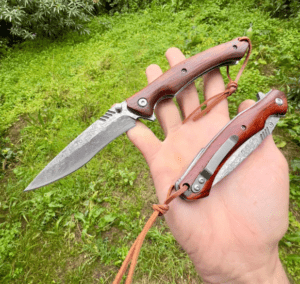 Damascus steel folding knife wooden handle camping personalized men's gift pocket