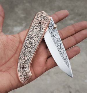 Handmade D2 Steel Folding Knife: Engraved Copper Handle, Leather Sheath & Wood Box