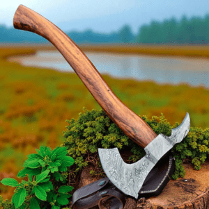 Rugged Hand-Forged Damascus Camp Hatchet with Walnut Handle & Leather Sheath—built for adventure, crafted to impress.