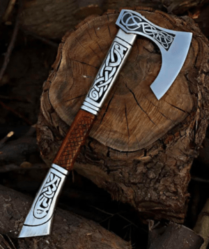 Hand Forged High Carbon Steel Viking Axe, Engraved Wooden Handle