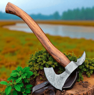 Rugged Hand-Forged Damascus Camp Hatchet with Walnut Handle & Leather Sheath—built for adventure, crafted to impress.