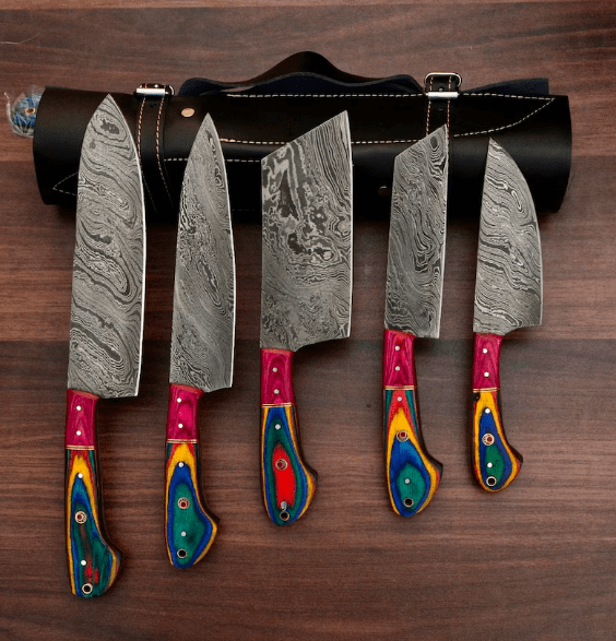 Handmade Damascus chef Knife Set of 5 PCS With Leather Sheath